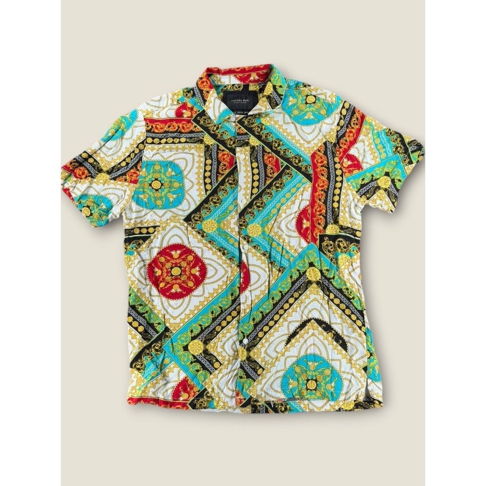 Cactus Man Ricky Singh Baroque Chain Print Viscose Button Down Shirt Mens Medium